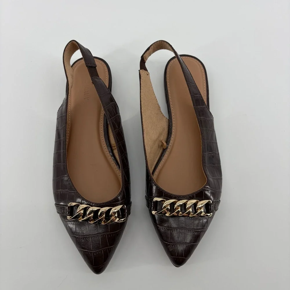Old Navy Chocolate Croc Embossed Pointy Toe Slingback Flats Chain Accent Size‎ 8